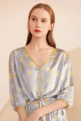 100% Mulberry Silk V-Neck Shell Print Silk Pajamas