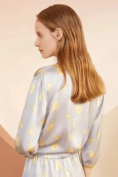 100% Mulberry Silk V-Neck Shell Print Silk Pajamas