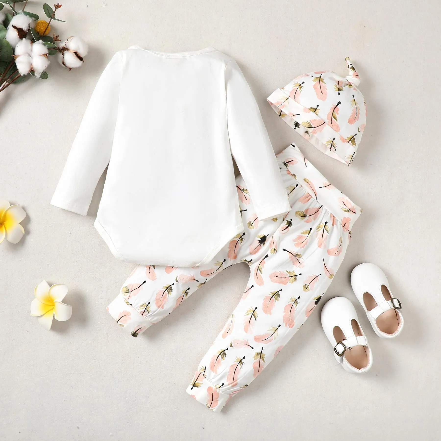 3-18M kid fashion girls Clothes Girl Long Sleeve Feather Bodysuit Pants Hat 3Pcs White Catpapa 191681