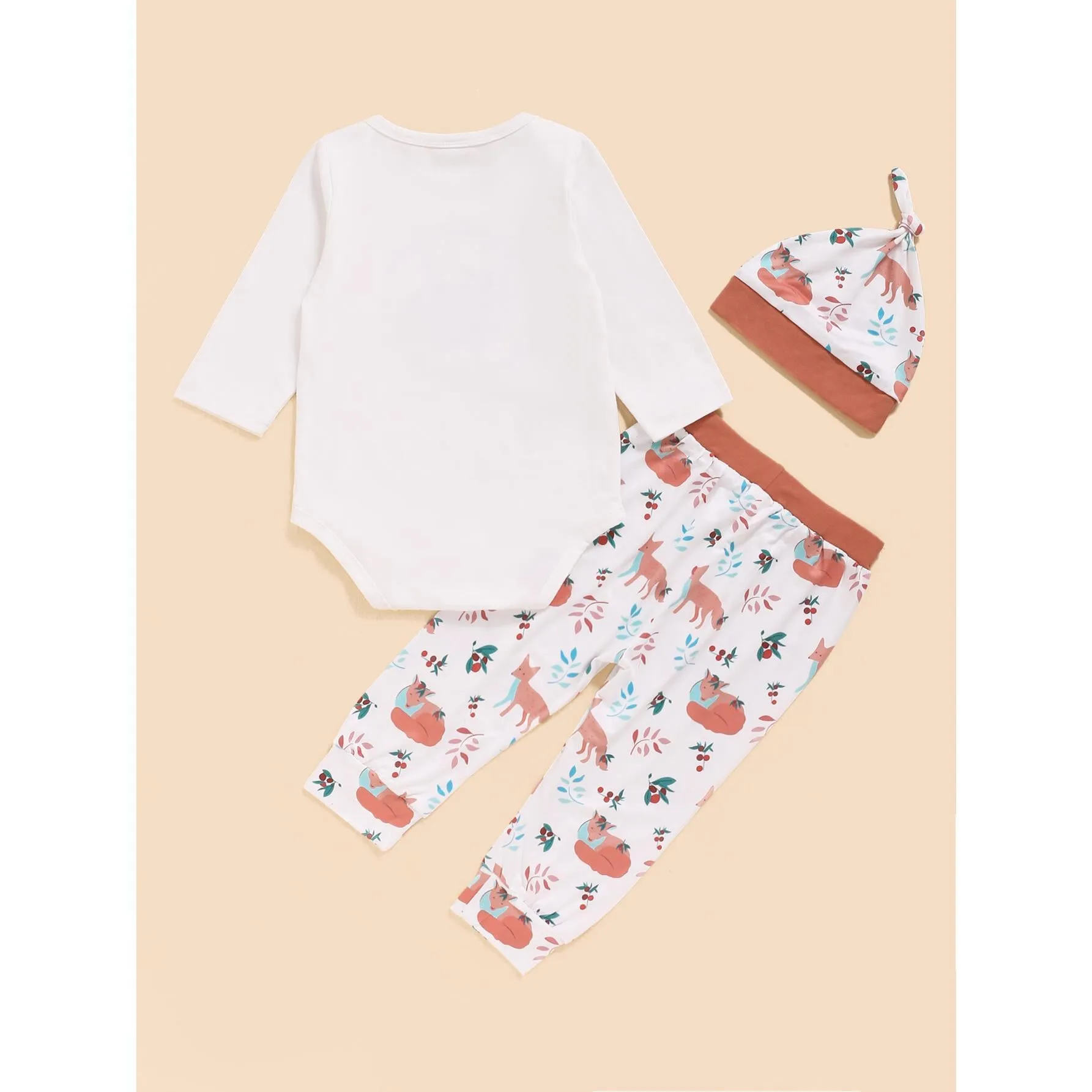 3-24M Kid fashion Girl Clothes Girl Outfits Long Sleeve Fox Print Romper Top Pants Hat 3PCS Clothing Set  White Catpapa WL20061083