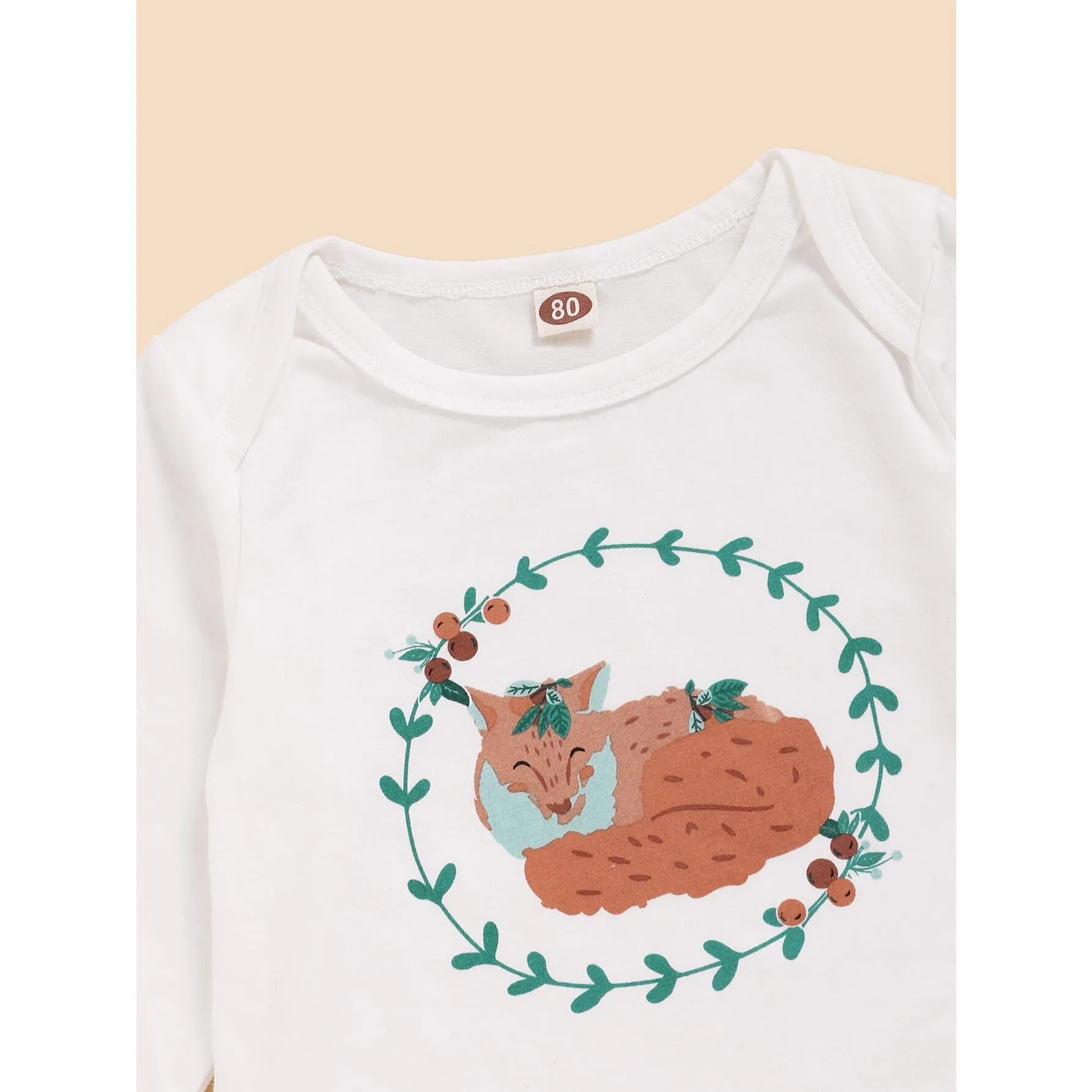 3-24M Kid fashion Girl Clothes Girl Outfits Long Sleeve Fox Print Romper Top Pants Hat 3PCS Clothing Set  White Catpapa WL20061083