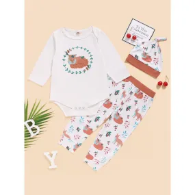3-24M Kid fashion Girl Clothes Girl Outfits Long Sleeve Fox Print Romper Top Pants Hat 3PCS Clothing Set  White Catpapa WL20061083