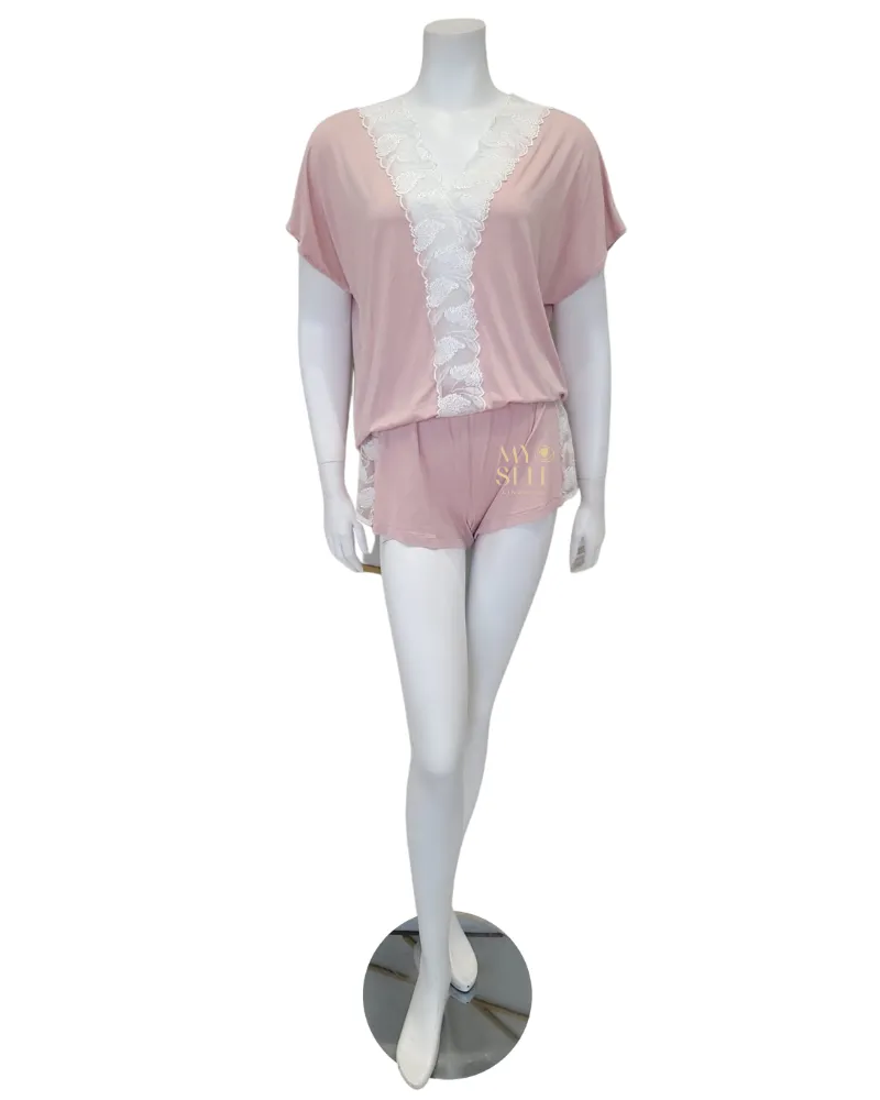 3825 Floral Fantasy Sheer Lace Dusty Pink Shorts Pajamas Set