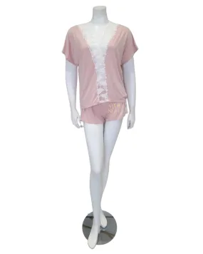 3825 Floral Fantasy Sheer Lace Dusty Pink Shorts Pajamas Set