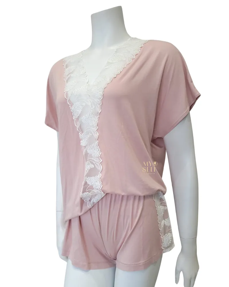 3825 Floral Fantasy Sheer Lace Dusty Pink Shorts Pajamas Set