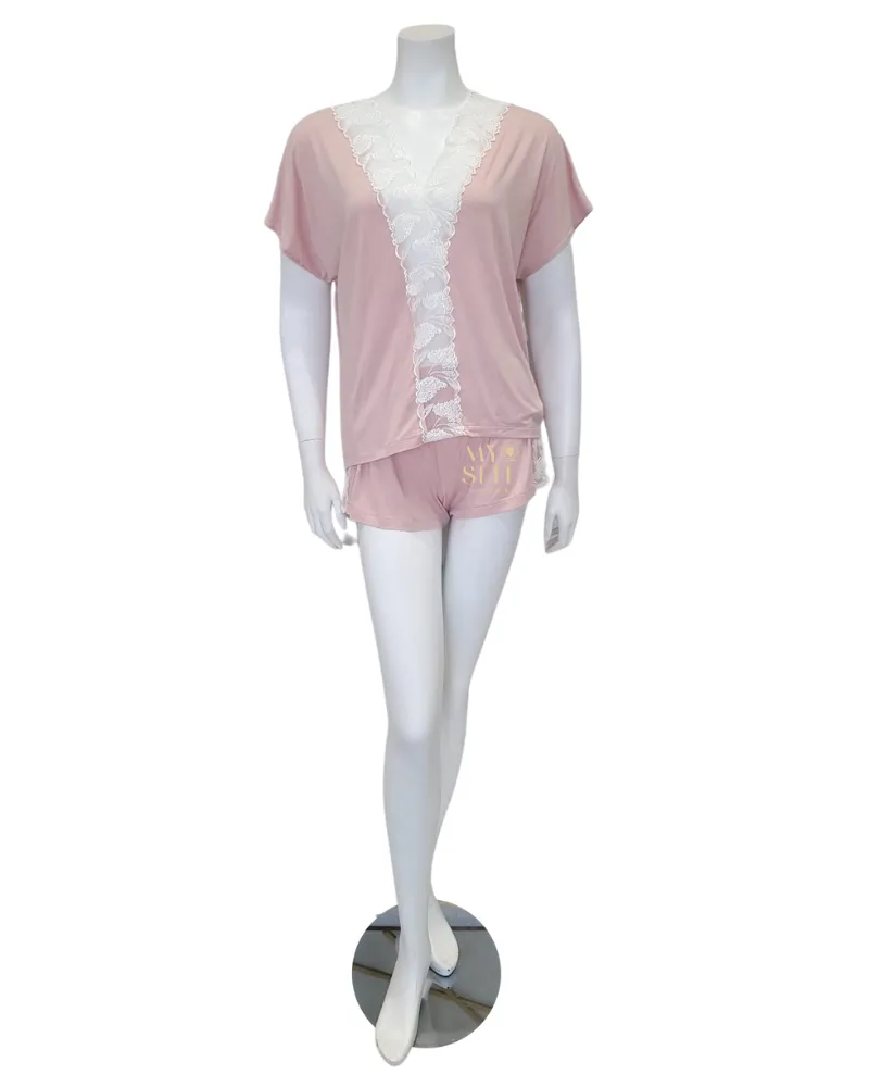 3825 Floral Fantasy Sheer Lace Dusty Pink Shorts Pajamas Set