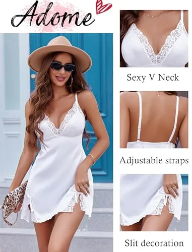 ADOME Chemise Nightgowns for Women Satin Lace Dress Lingerie (Medium, Leopard Print)