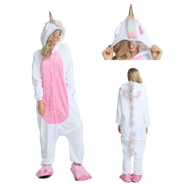Adults Animal Kigurumi Pajamas Sets Sleepwear Cosplay Zipper Women Men Winter Unisex unicornio Stitch Cartoon Unicorn Pajamas