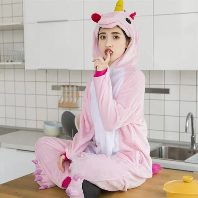 Adults Animal Kigurumi Pajamas Sets Sleepwear Cosplay Zipper Women Men Winter Unisex unicornio Stitch Cartoon Unicorn Pajamas