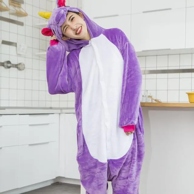 Adults Animal Kigurumi Pajamas Sets Sleepwear Cosplay Zipper Women Men Winter Unisex unicornio Stitch Cartoon Unicorn Pajamas