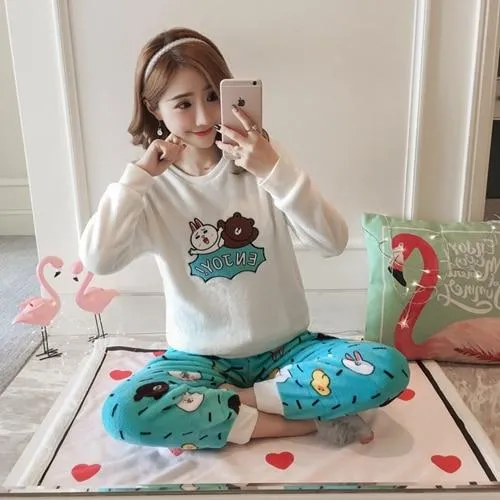 Autumn and Winter Women Pyjamas Sets Thick Warm Coral Velvet Suit Flannel Long Sleeve Female Cartoon Bear Animal Pants Sleepwear