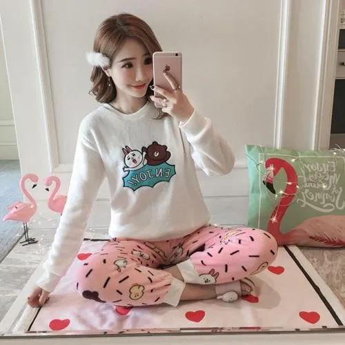 Autumn and Winter Women Pyjamas Sets Thick Warm Coral Velvet Suit Flannel Long Sleeve Female Cartoon Bear Animal Pants Sleepwear