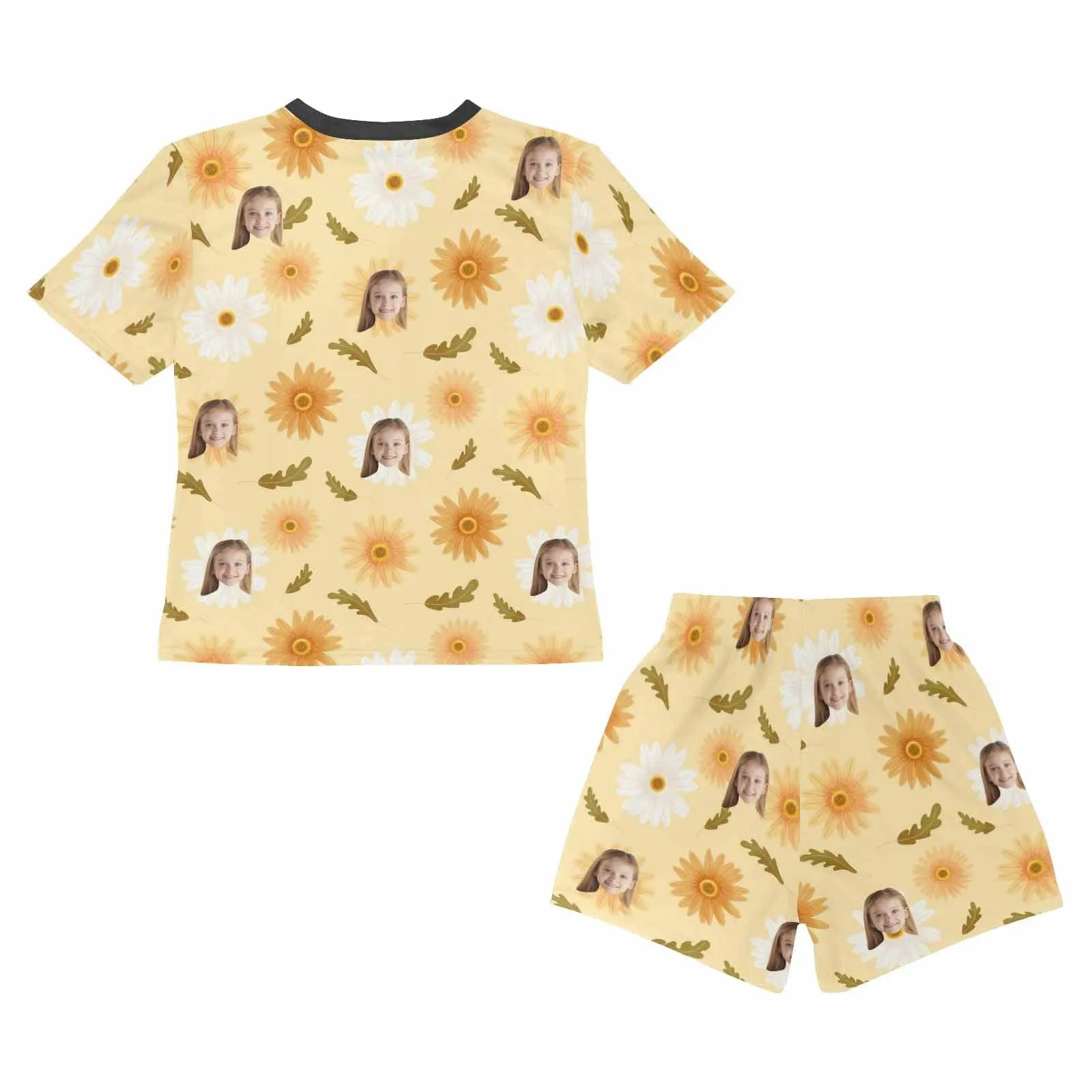 Big Kids Pajamas Custom Face Yellow Flowers Sleepwear Personalized Kids' Short Sleeve Pajama Set For Girls 8-15Y