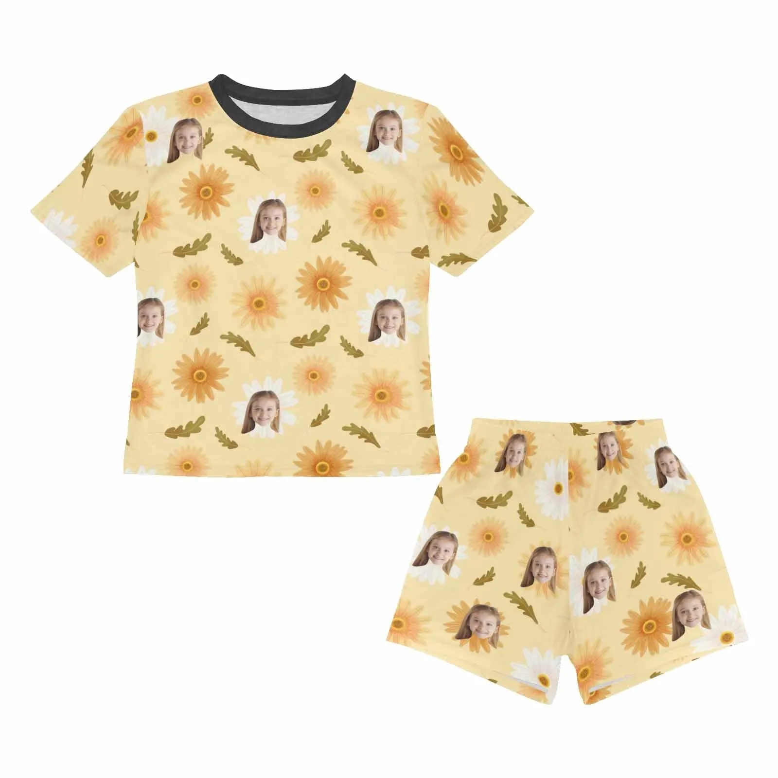 Big Kids Pajamas Custom Face Yellow Flowers Sleepwear Personalized Kids' Short Sleeve Pajama Set For Girls 8-15Y