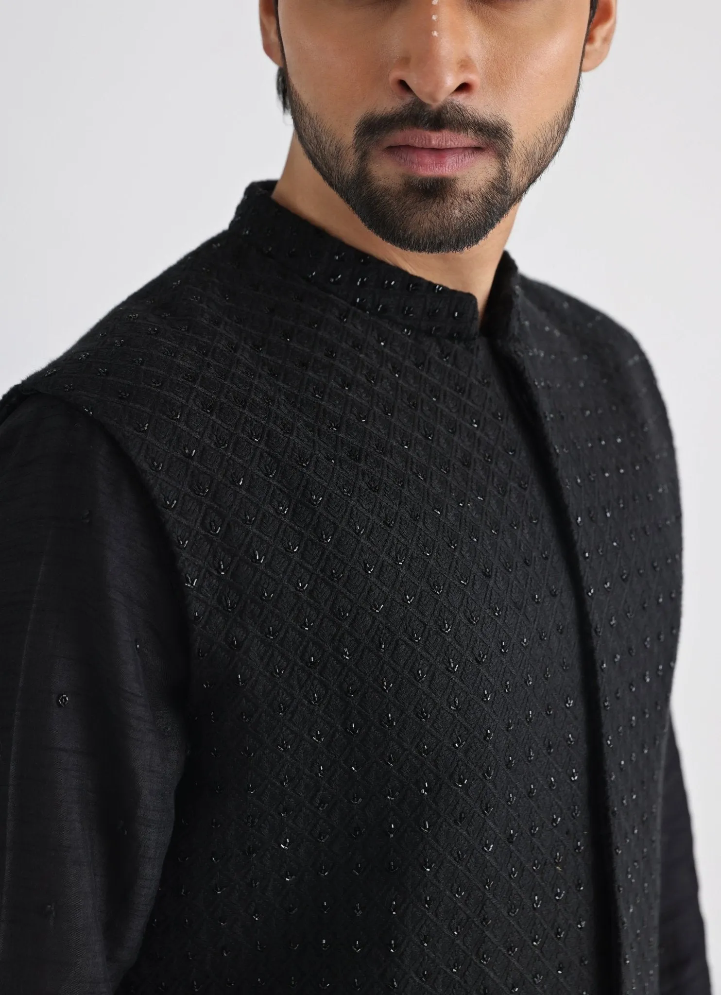Black Embroidered Nehru Jacket With Kurta Set