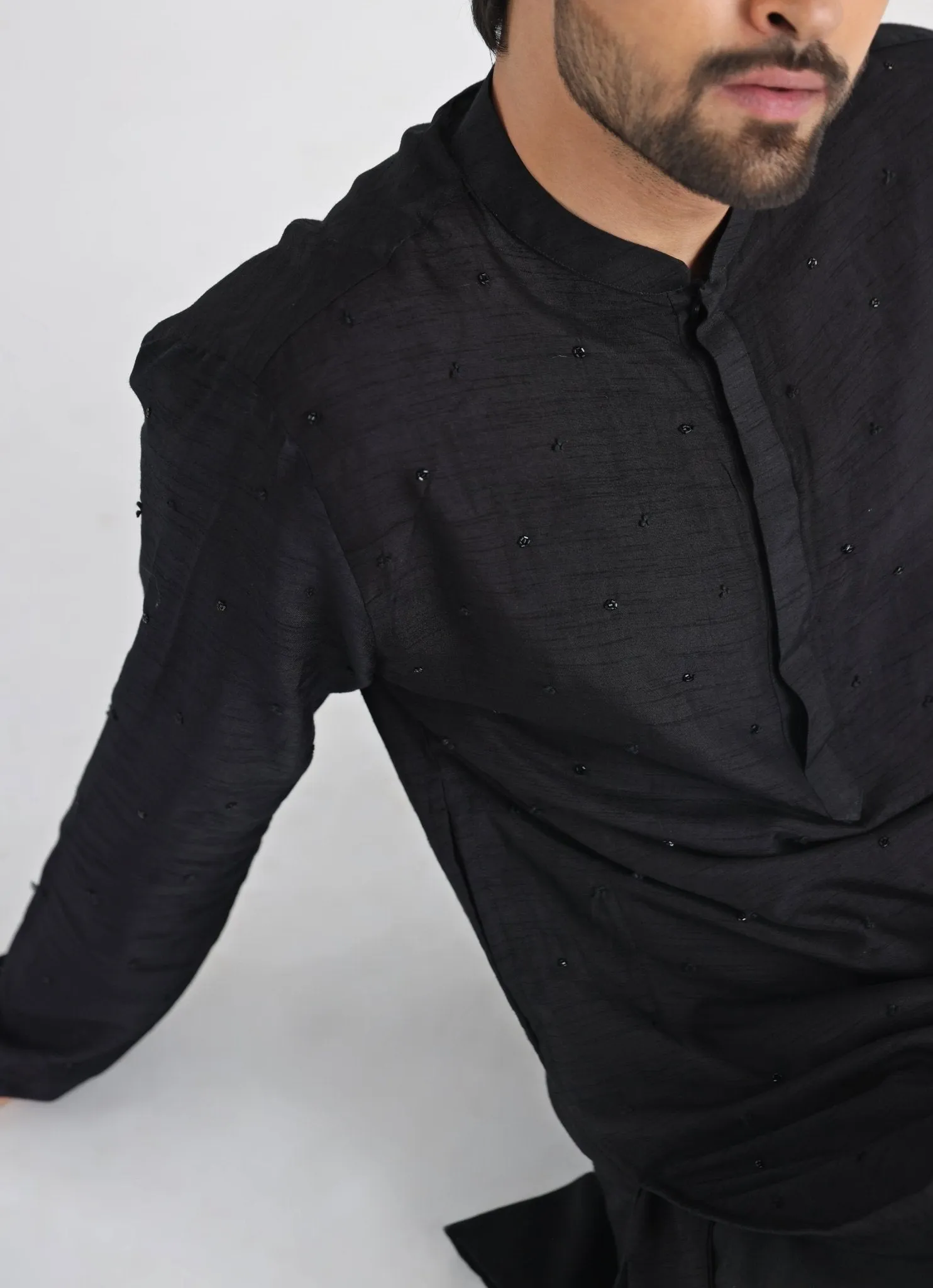 Black Embroidered Nehru Jacket With Kurta Set