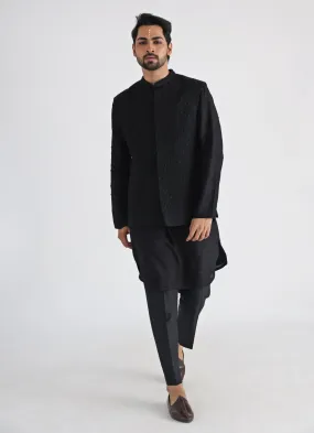 Black Embroidered Nehru Jacket With Kurta Set