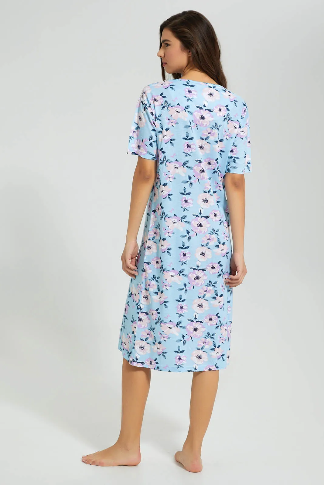 Blue Floral Nightgown With Square Neck