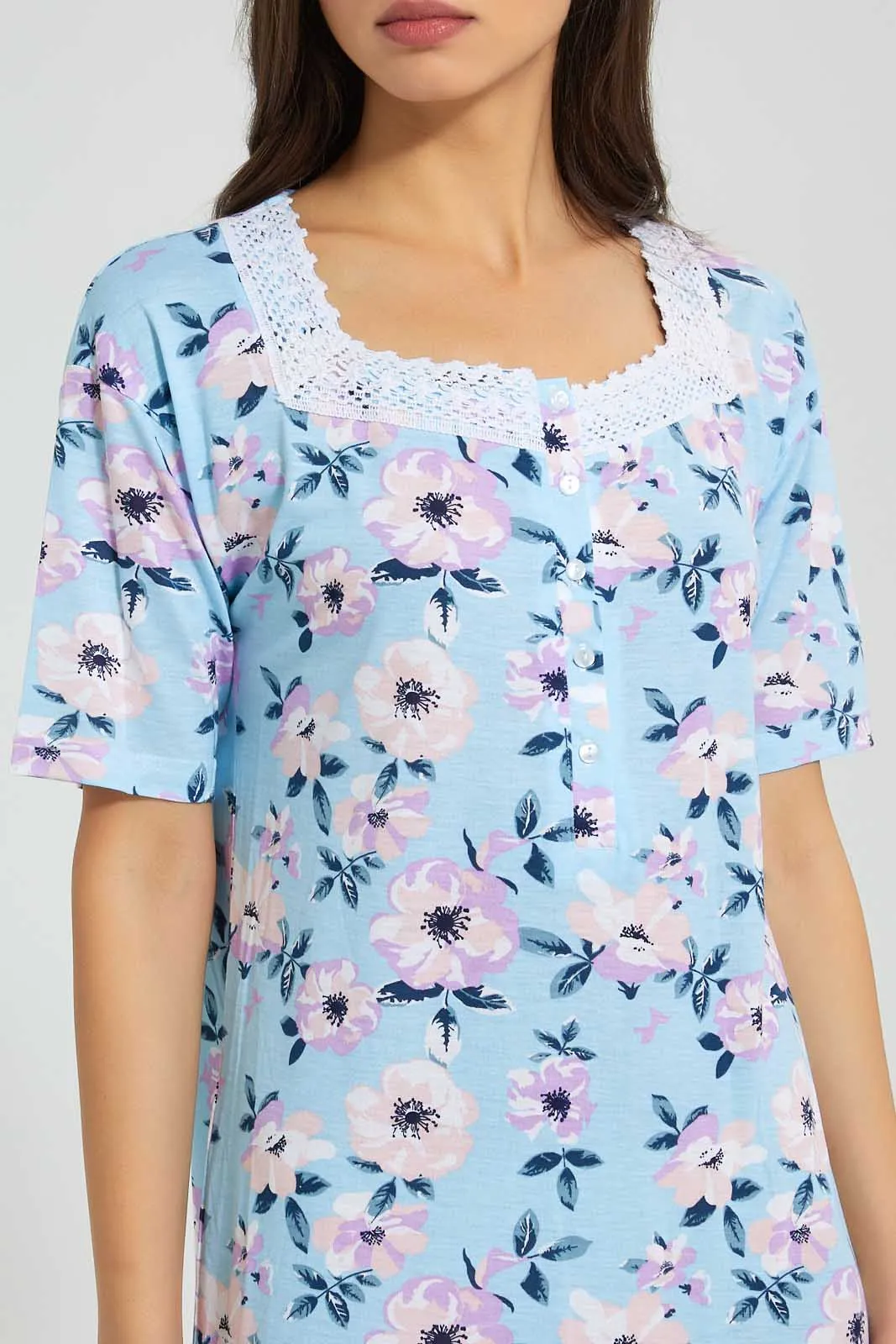 Blue Floral Nightgown With Square Neck