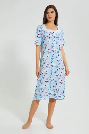 Blue Floral Nightgown With Square Neck