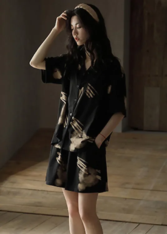 Boutique Black Print Button Cotton Couple Pajamas Two Piece Set Short Sleeve TO1061