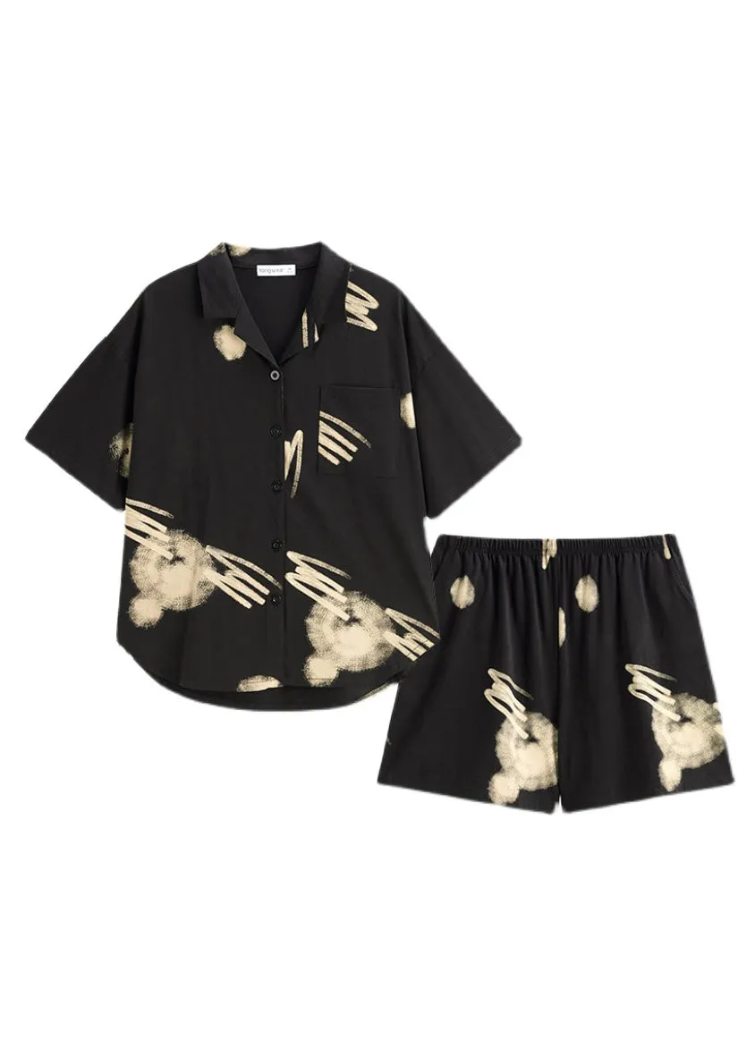 Boutique Black Print Button Cotton Couple Pajamas Two Piece Set Short Sleeve TO1061