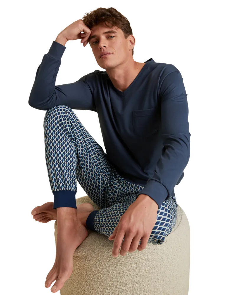 Calida Relax Imprint Men's 100% Cotton Pajamas Set with Cuff