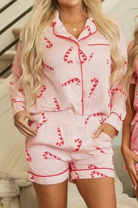 Candy Cane Collared Neck Long Sleeve Top & Shorts Lounge Women's Pajama Set