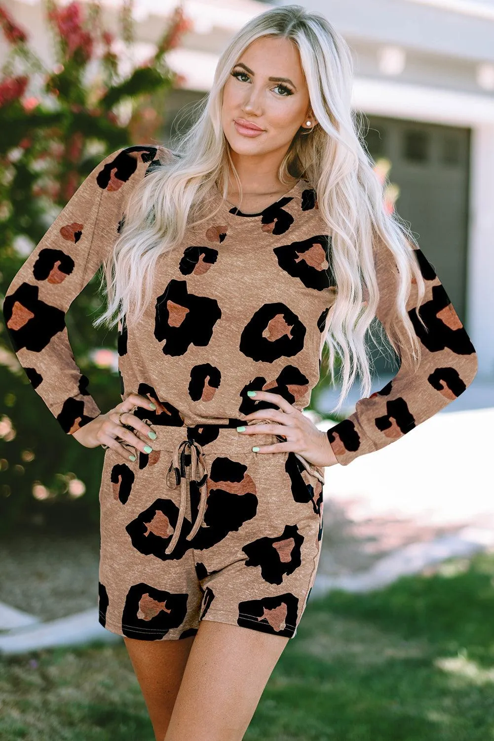 Chic Leopard Print Lounge Set: Long Sleeve Pullover and Shorts Combo
