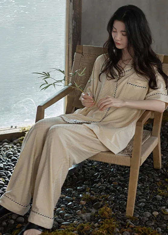 Classy Beige Peter Pan Collar Patchwork Button Cotton Couple Pajamas Two Pieces Set Short Sleeve LY2817