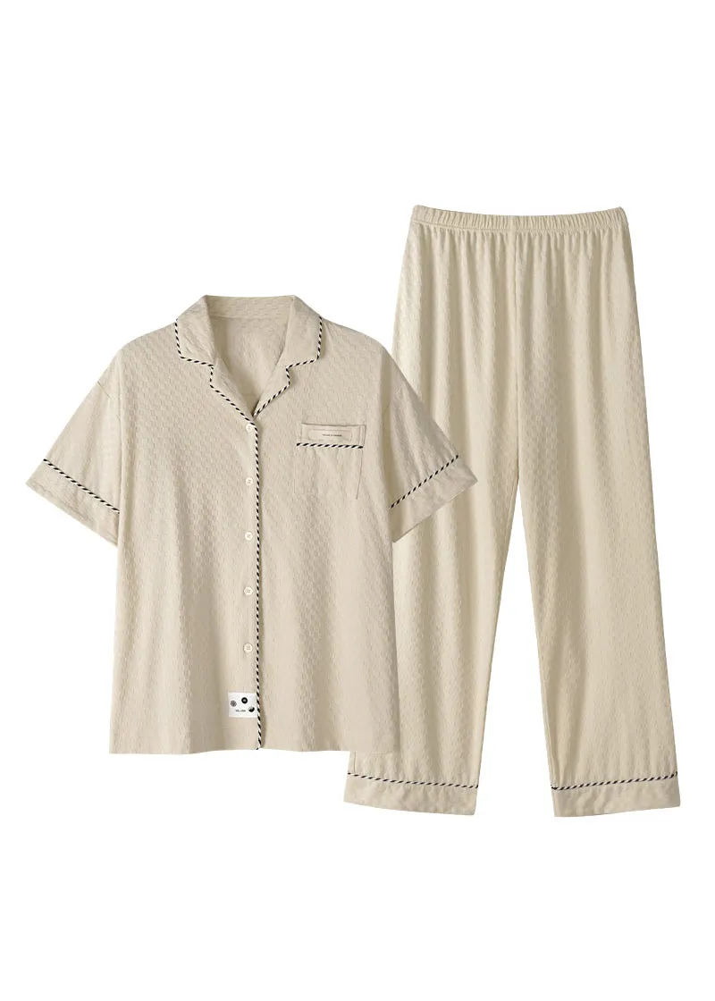 Classy Beige Peter Pan Collar Patchwork Button Cotton Couple Pajamas Two Pieces Set Short Sleeve LY2817