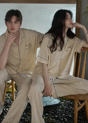 Classy Beige Peter Pan Collar Patchwork Button Cotton Couple Pajamas Two Pieces Set Short Sleeve LY2817