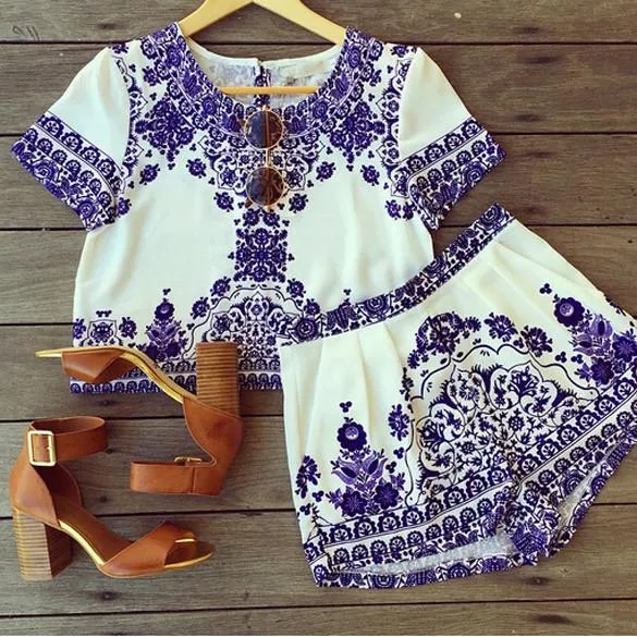 Clearance Floral Vintage Crop Top Shorts 2PCS Dress Set