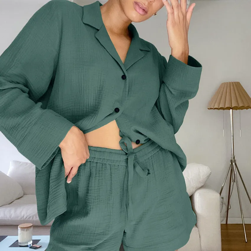 Cotton Gauze Shorts and Long Sleeve Pajamas