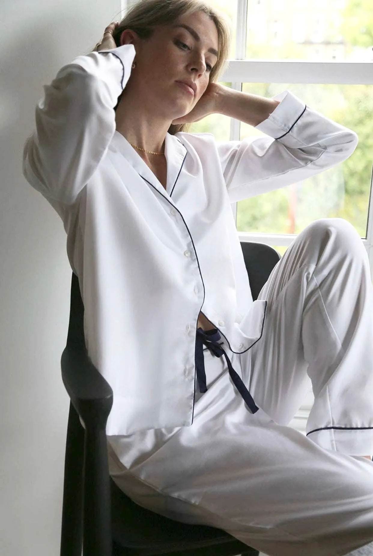 Cotton Herringbone Pajamas in White