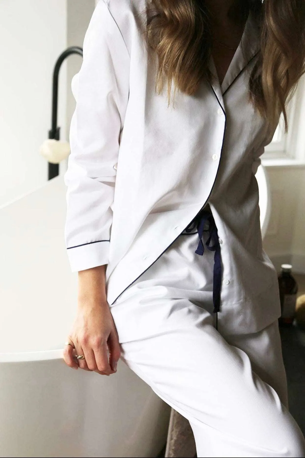 Cotton Herringbone Pajamas in White