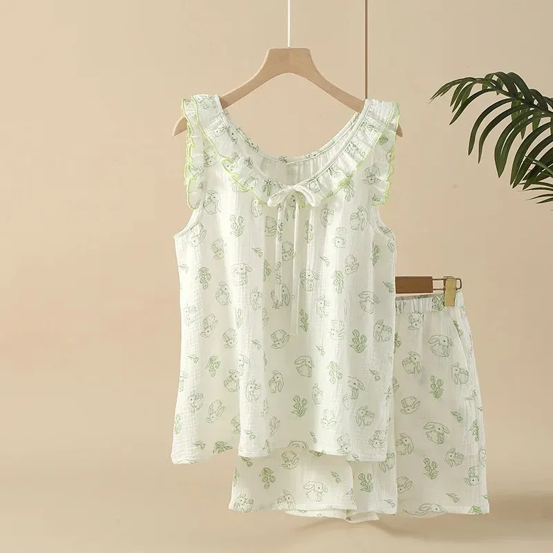 Cotton Pajama Set Nightwear Sleepwear Sleeveless Nightdress