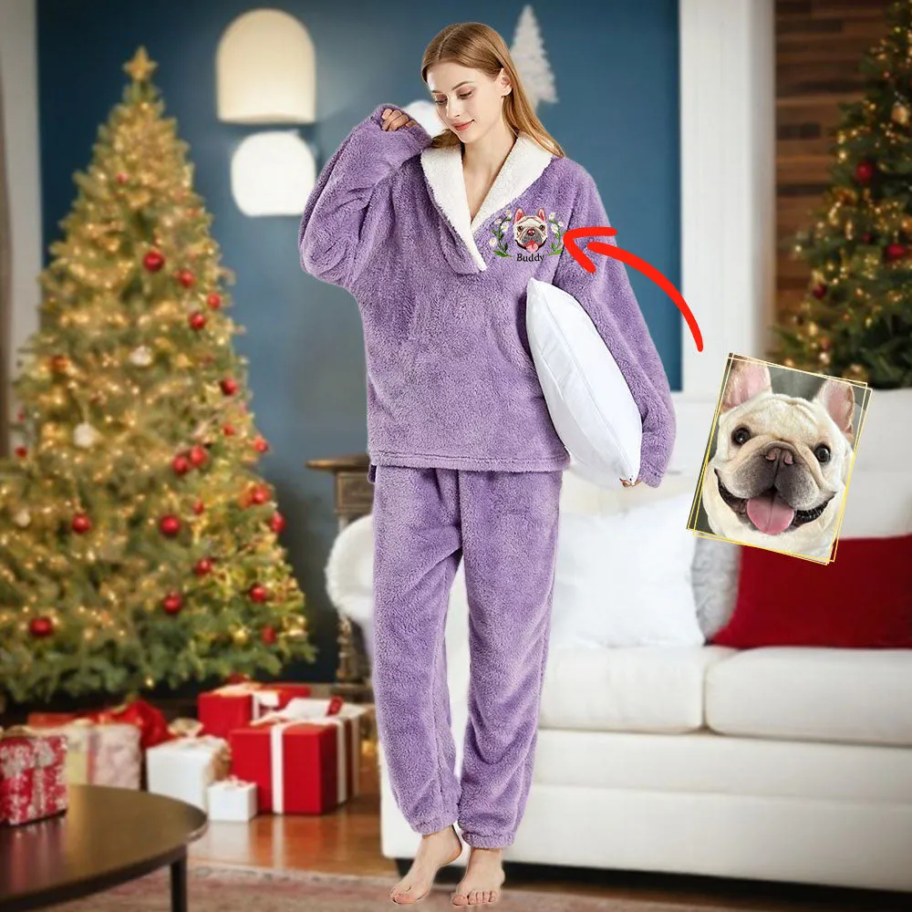 Custom Dog Face Embroidered Flannel With Lead Pajamas Set for Women