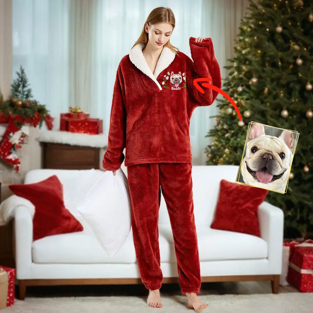 Custom Dog Face Embroidered Flannel With Lead Pajamas Set for Women