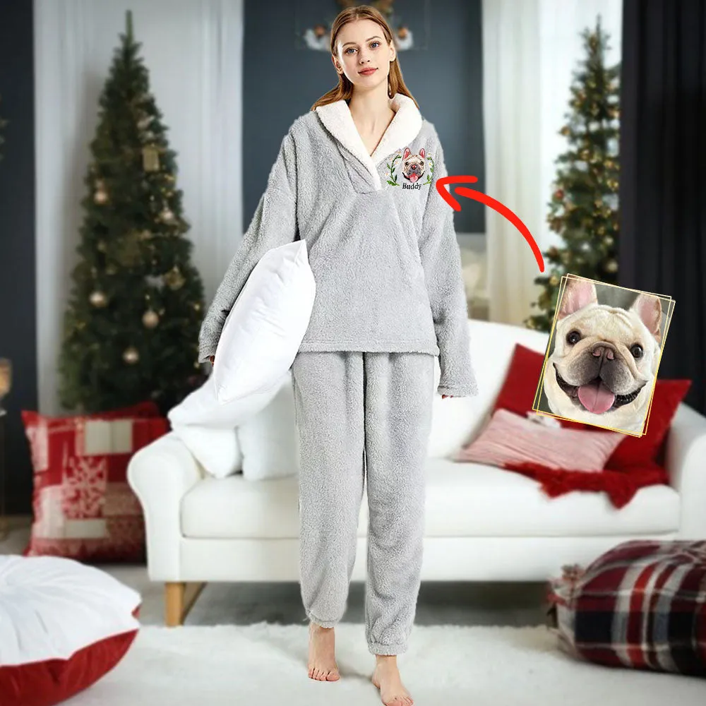 Custom Dog Face Embroidered Flannel With Lead Pajamas Set for Women