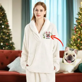 Custom Dog Face Embroidered Flannel With Lead Pajamas Set for Women