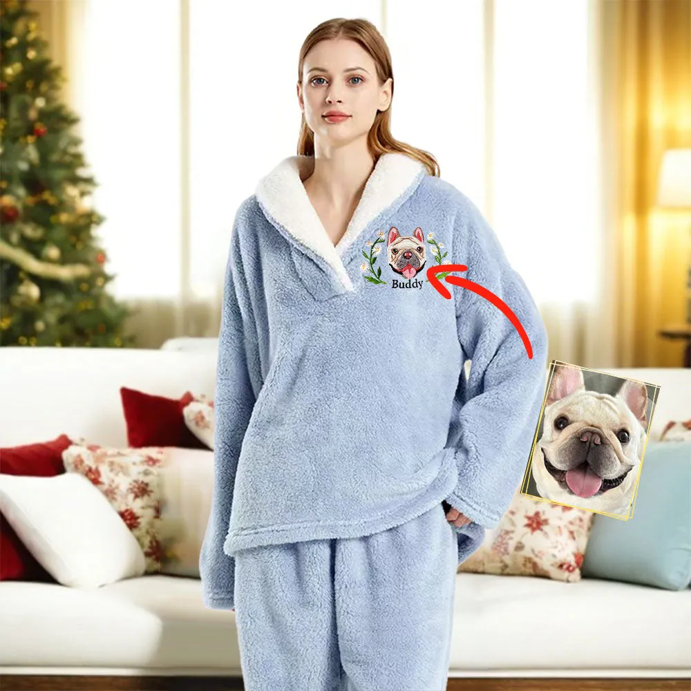 Custom Dog Face Embroidered Flannel With Lead Pajamas Set for Women