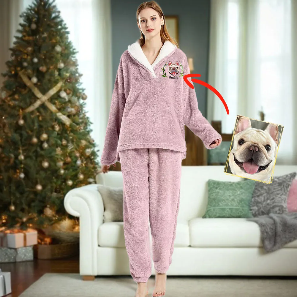 Custom Dog Face Embroidered Flannel With Lead Pajamas Set for Women