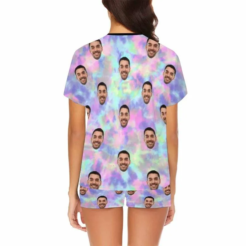 Custom Face Pajamas Tie-dye Laser Pink Blue Sleepwear Personalized Women's Short Pajama Set