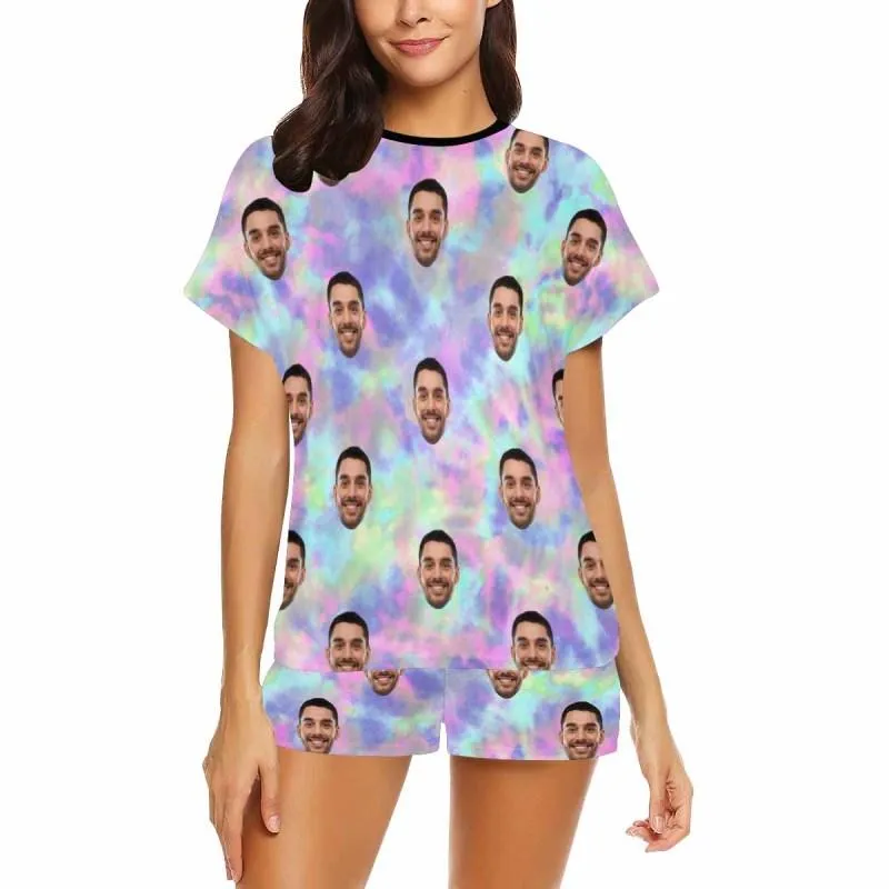 Custom Face Pajamas Tie-dye Laser Pink Blue Sleepwear Personalized Women's Short Pajama Set