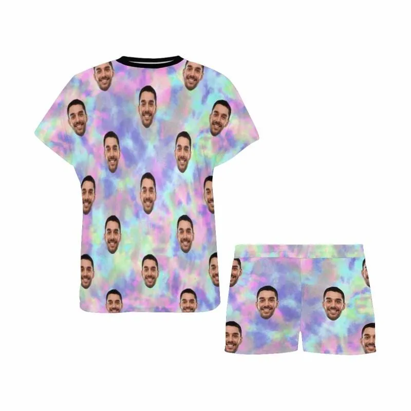 Custom Face Pajamas Tie-dye Laser Pink Blue Sleepwear Personalized Women's Short Pajama Set