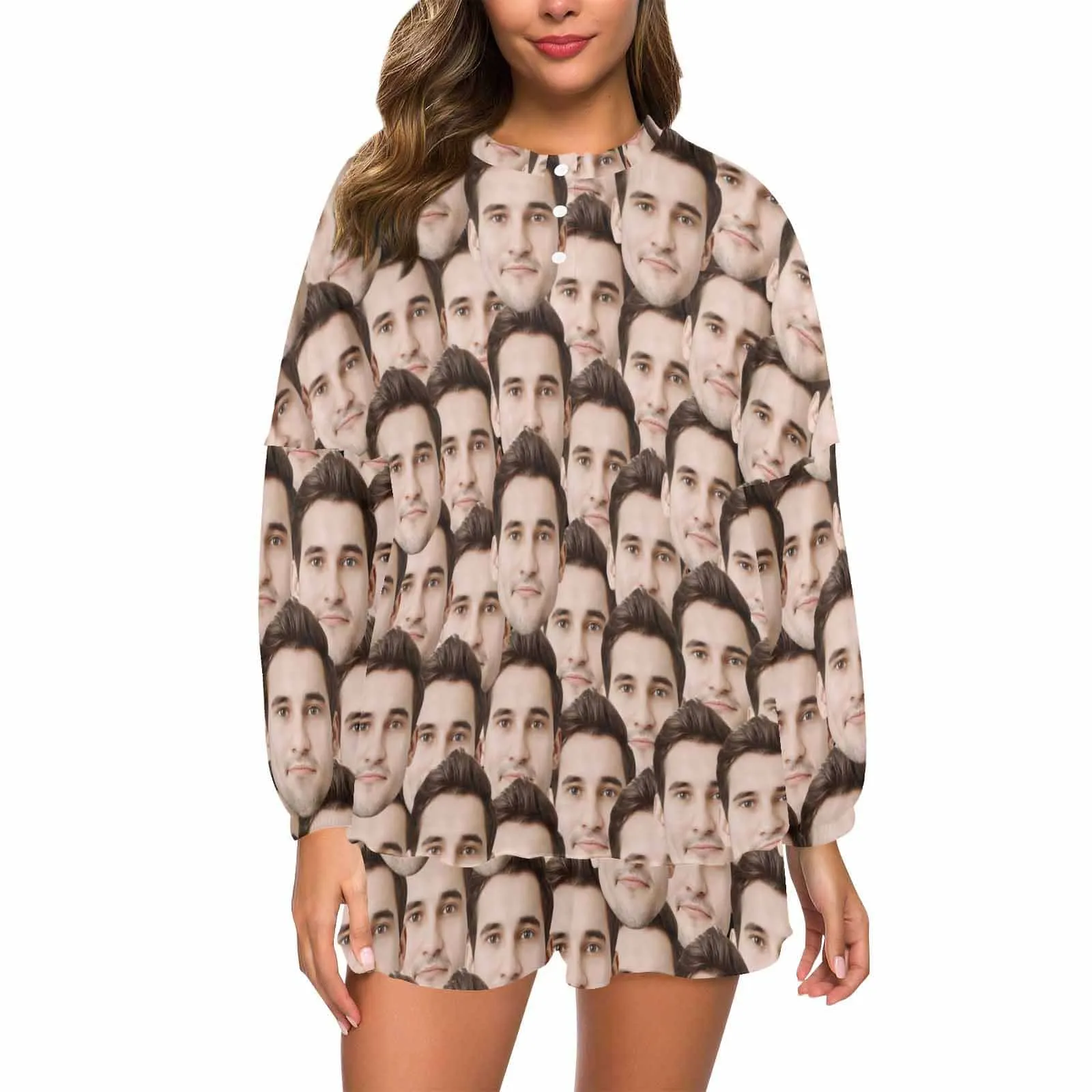 Custom Face Seamless Women's Long Sleeve Short Pajama Set