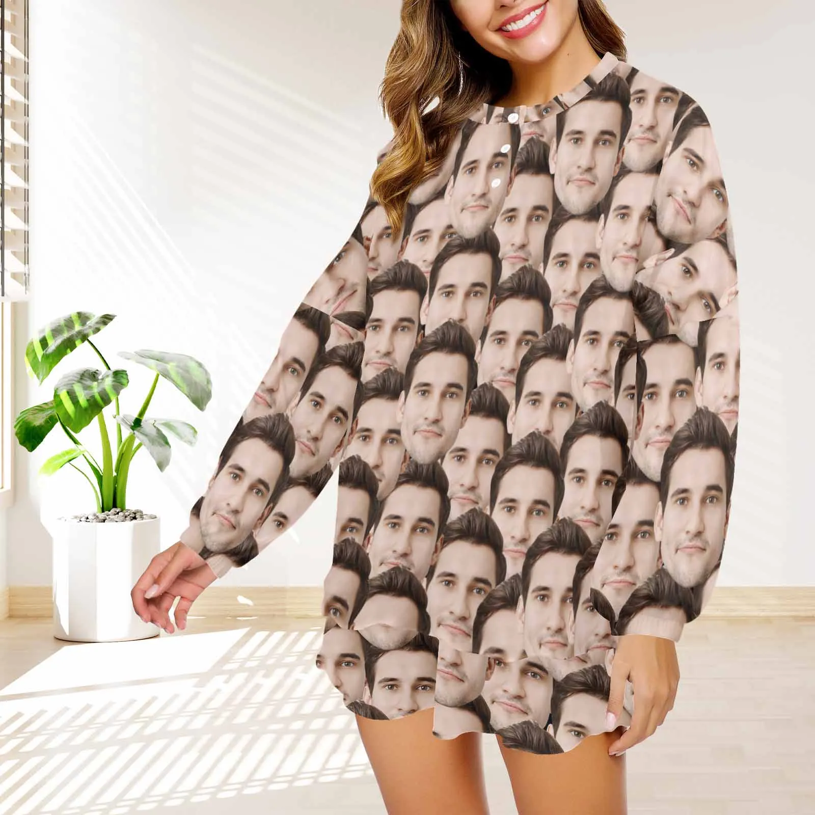 Custom Face Seamless Women's Long Sleeve Short Pajama Set