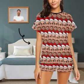 Custom Womens Christmas Pajamas Personalized Face Seamless Christmas Hat Women's Short Pajama Set