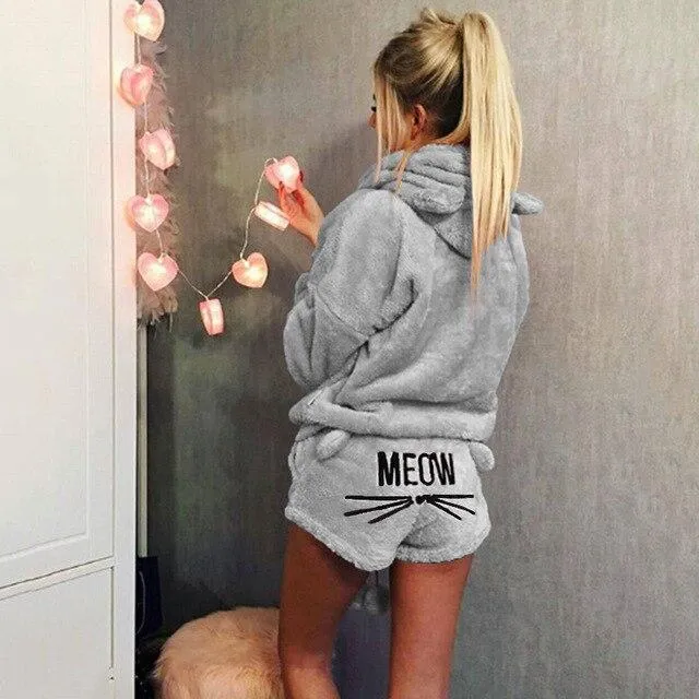 Cute Pajama Sets For Women Winter Hooded Sleepwear Flannel 2 Pcs Pyjama Suits Femme Cartoon Cat Pijama Feminino Plus Size 5XL